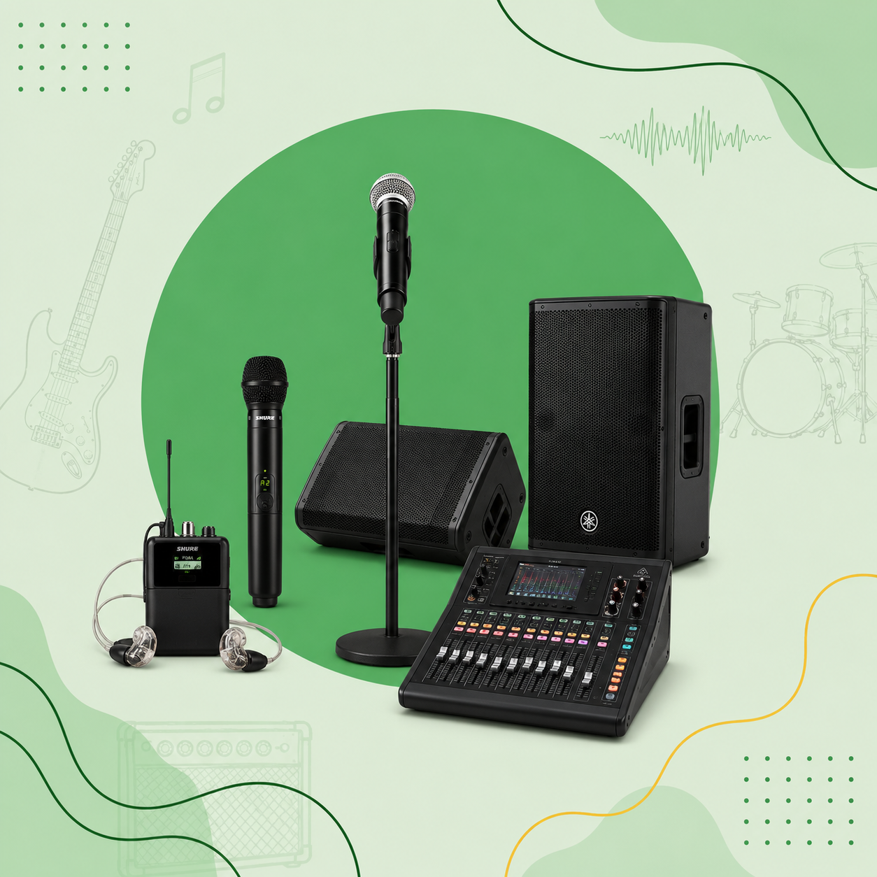 Live performance music gear including stage equipment microphones and instruments