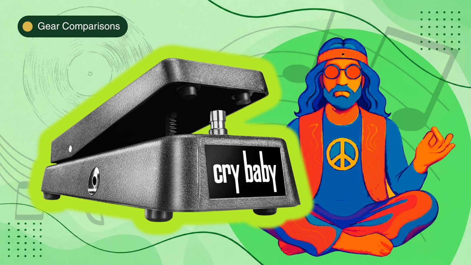 Guitarist playing onstage using a wah wah pedal with text about the best wah pedals since the 60s