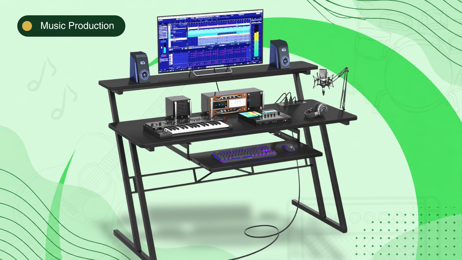 Music production desks for home studios, recording gear and studio monitors