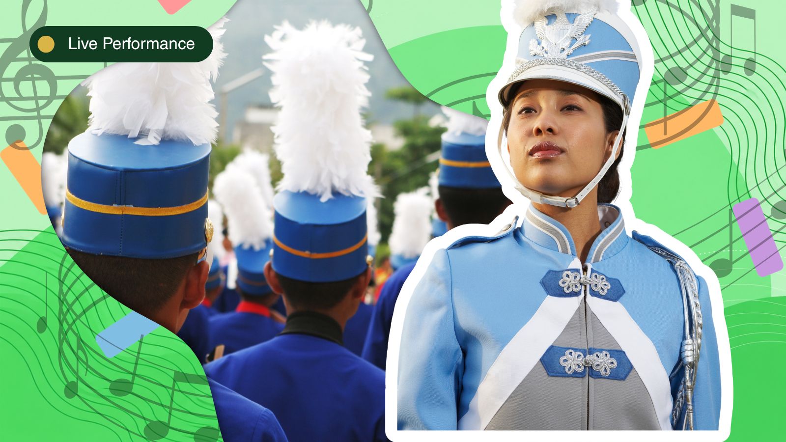 Marching band cover photo with band and conductor on a note filled background