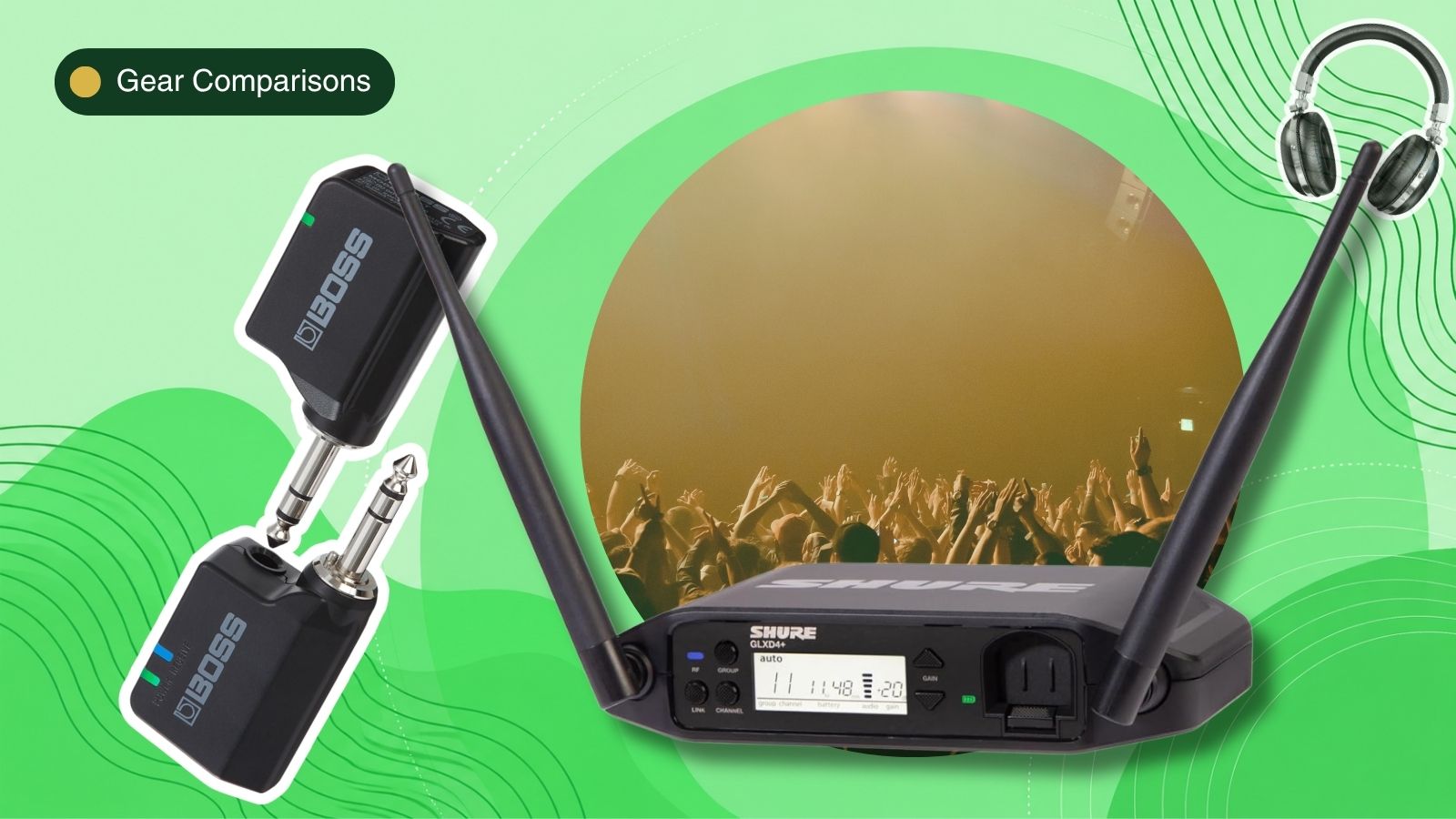 Wireless guitar system choices for different budgets with guitar transmitters and receivers on a green background