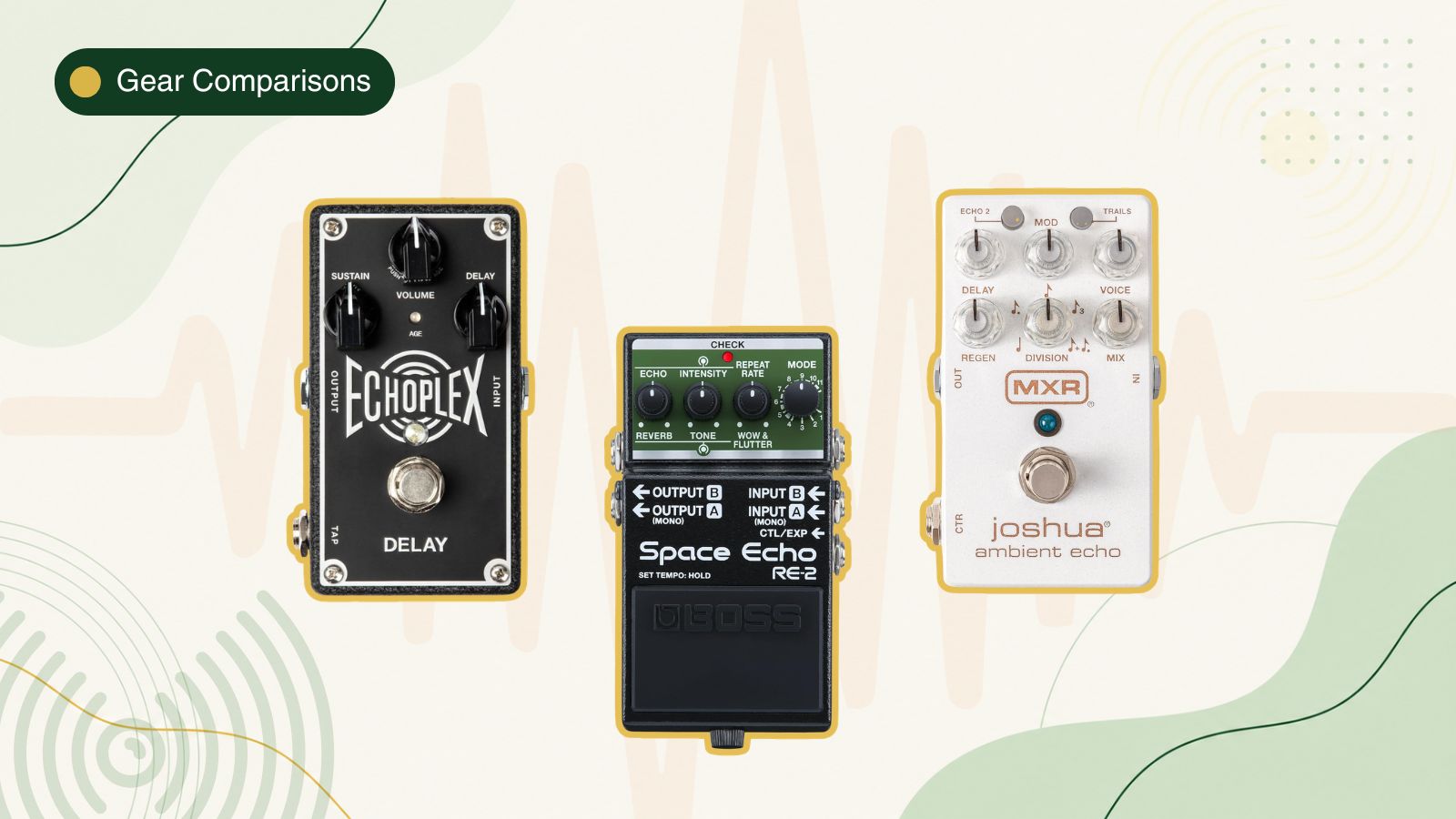 Delay effects in music shown through echoing sound waves and vintage recording gear